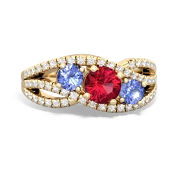 Lab Ruby Three Stone Aurora 14K Yellow Gold ring R3080