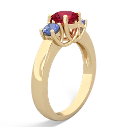 Lab Ruby Three Stone Round Trellis 14K Yellow Gold ring R4018