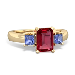 Lab Ruby Three Stone Emerald-Cut Trellis 14K Yellow Gold ring R4021