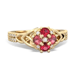 Lab Ruby Celtic Knot Cluster Engagement 14K Yellow Gold ring R26443RD