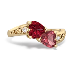 Lab Ruby Snuggling Hearts 14K Yellow Gold ring R2178