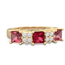 Lab Ruby Three Stone Diamond Cluster 14K Yellow Gold ring R2592