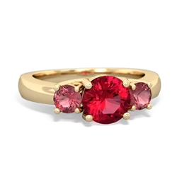 Lab Ruby Three Stone Round Trellis 14K Yellow Gold ring R4018