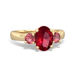 Lab Ruby Three Stone Oval Trellis 14K Yellow Gold ring R4024