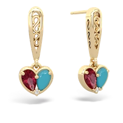 Lab Ruby Filligree Heart 14K Yellow Gold earrings E5070