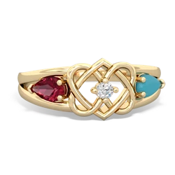 Lab Ruby Hearts Intertwined 14K Yellow Gold ring R5880