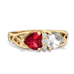 Lab Ruby Celtic Knot Double Heart 14K Yellow Gold ring R5040