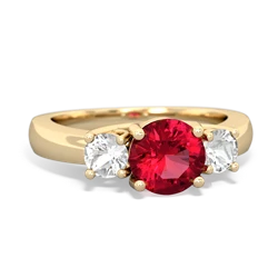 Lab Ruby Three Stone Round Trellis 14K Yellow Gold ring R4018