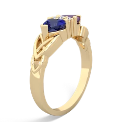 Lab Sapphire Celtic Knot Double Heart 14K Yellow Gold ring R5040