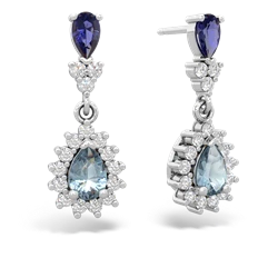 Lab Sapphire Halo Pear Dangle 14K White Gold earrings E1882