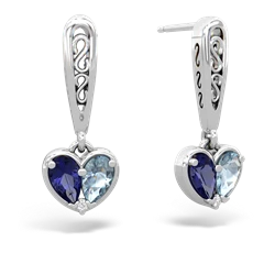 Lab Sapphire Filligree Heart 14K White Gold earrings E5070