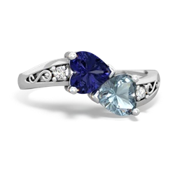 Lab Sapphire Snuggling Hearts 14K White Gold ring R2178