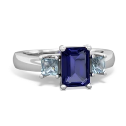 Lab Sapphire Three Stone Emerald-Cut Trellis 14K White Gold ring R4021