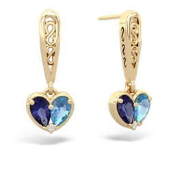 Lab Sapphire Filligree Heart 14K Yellow Gold earrings E5070