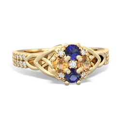 Lab Sapphire Celtic Knot Cluster Engagement 14K Yellow Gold ring R26443RD