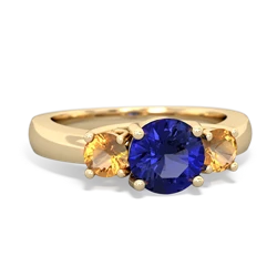 Lab Sapphire Three Stone Round Trellis 14K Yellow Gold ring R4018