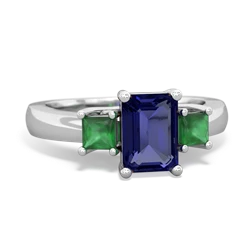 Lab Sapphire Three Stone Emerald-Cut Trellis 14K White Gold ring R4021