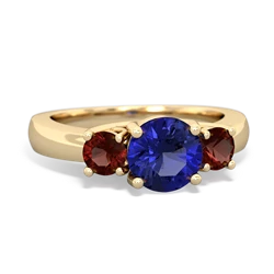 Lab Sapphire Three Stone Round Trellis 14K Yellow Gold ring R4018