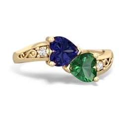 Lab Sapphire Snuggling Hearts 14K Yellow Gold ring R2178