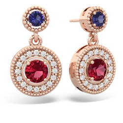 Lab Sapphire Halo Dangle 14K Rose Gold earrings E5319