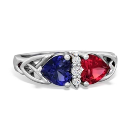 Lab Sapphire Celtic Knot Double Heart 14K White Gold ring R5040