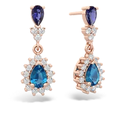 Lab Sapphire Halo Pear Dangle 14K Rose Gold earrings E1882