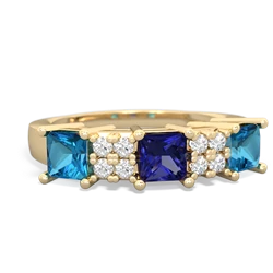 Lab Sapphire Three Stone Diamond Cluster 14K Yellow Gold ring R2592