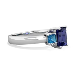 Lab Sapphire Three Stone Emerald-Cut Trellis 14K White Gold ring R4021