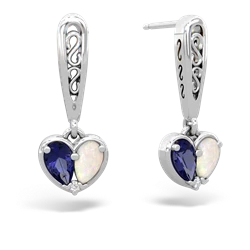 Lab Sapphire Filligree Heart 14K White Gold earrings E5070