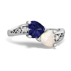 Lab Sapphire Snuggling Hearts 14K White Gold ring R2178