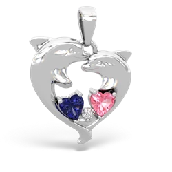 Lab Sapphire Dolphin Heart 14K White Gold pendant P5820