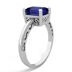 Lab Sapphire Milgrain Scroll 14K White Gold ring R2338