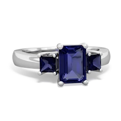 Lab Sapphire Three Stone Emerald-Cut Trellis 14K White Gold ring R4021