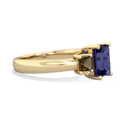 Lab Sapphire Three Stone Emerald-Cut Trellis 14K Yellow Gold ring R4021