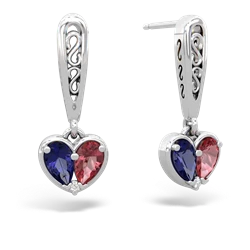 Lab Sapphire Filligree Heart 14K White Gold earrings E5070