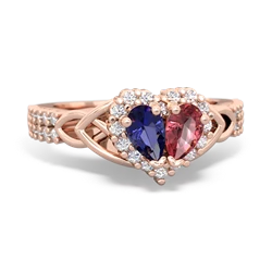 Lab Sapphire Celtic Knot Two Hearts As One 14K Rose Gold ring R2644HRT