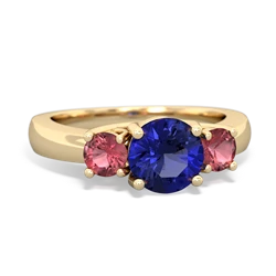 Lab Sapphire Three Stone Round Trellis 14K Yellow Gold ring R4018