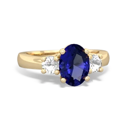 Lab Sapphire Three Stone Oval Trellis 14K Yellow Gold ring R4024