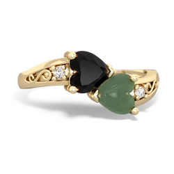 Onyx Snuggling Hearts 14K Yellow Gold ring R2178