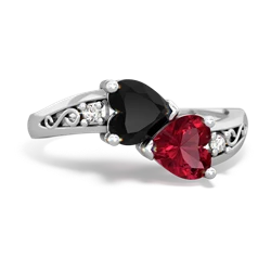 Onyx Snuggling Hearts 14K White Gold ring R2178