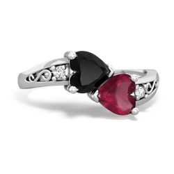 Onyx Snuggling Hearts 14K White Gold ring R2178