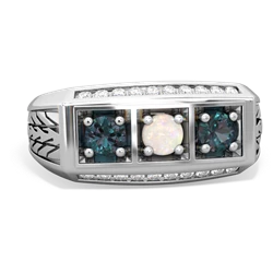 Opal Three Stone Tire Tread Men's 14K White Gold ring R0520