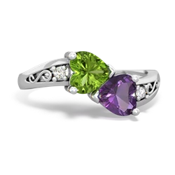 Peridot Snuggling Hearts 14K White Gold ring R2178