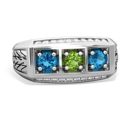 Peridot Three Stone Tire Tread Men's 14K White Gold ring R0520