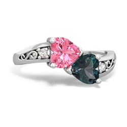 Lab Pink Sapphire Snuggling Hearts 14K White Gold ring R2178