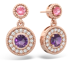 Lab Pink Sapphire Halo Dangle 14K Rose Gold earrings E5319