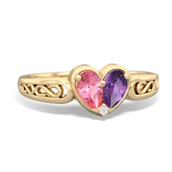 Lab Pink Sapphire Filligree 'One Heart' 14K Yellow Gold ring R5070