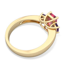 Lab Pink Sapphire Three Stone Emerald-Cut Trellis 14K Yellow Gold ring R4021