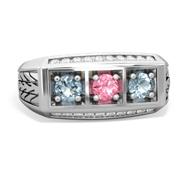 Lab Pink Sapphire Three Stone Tire Tread Men's 14K White Gold ring R0520