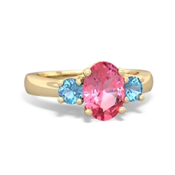 Lab Pink Sapphire Three Stone Oval Trellis 14K Yellow Gold ring R4024